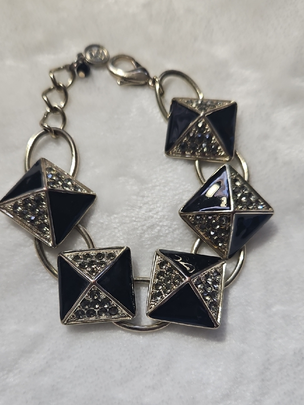 Vera Wang Gold Tone Pyramid Link Bracelet with Black Enamel and Crystal Accents